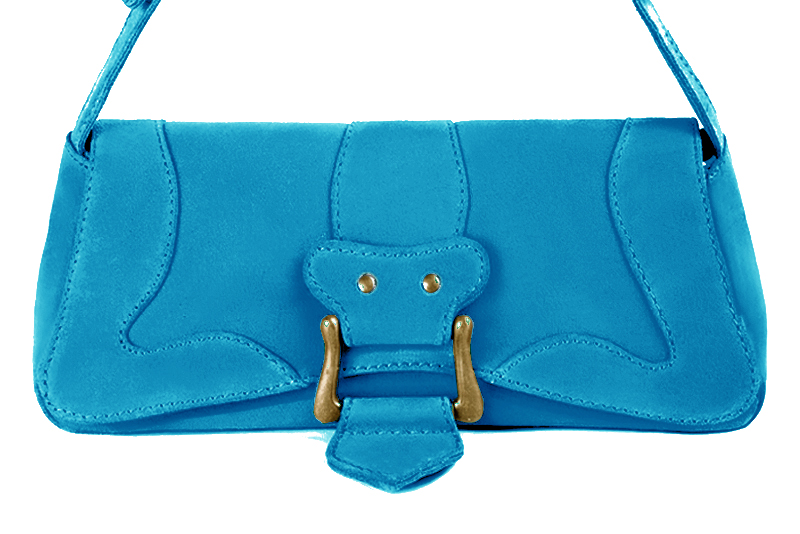 Small dressy baguette bag in turquoise blue leather - Profile view